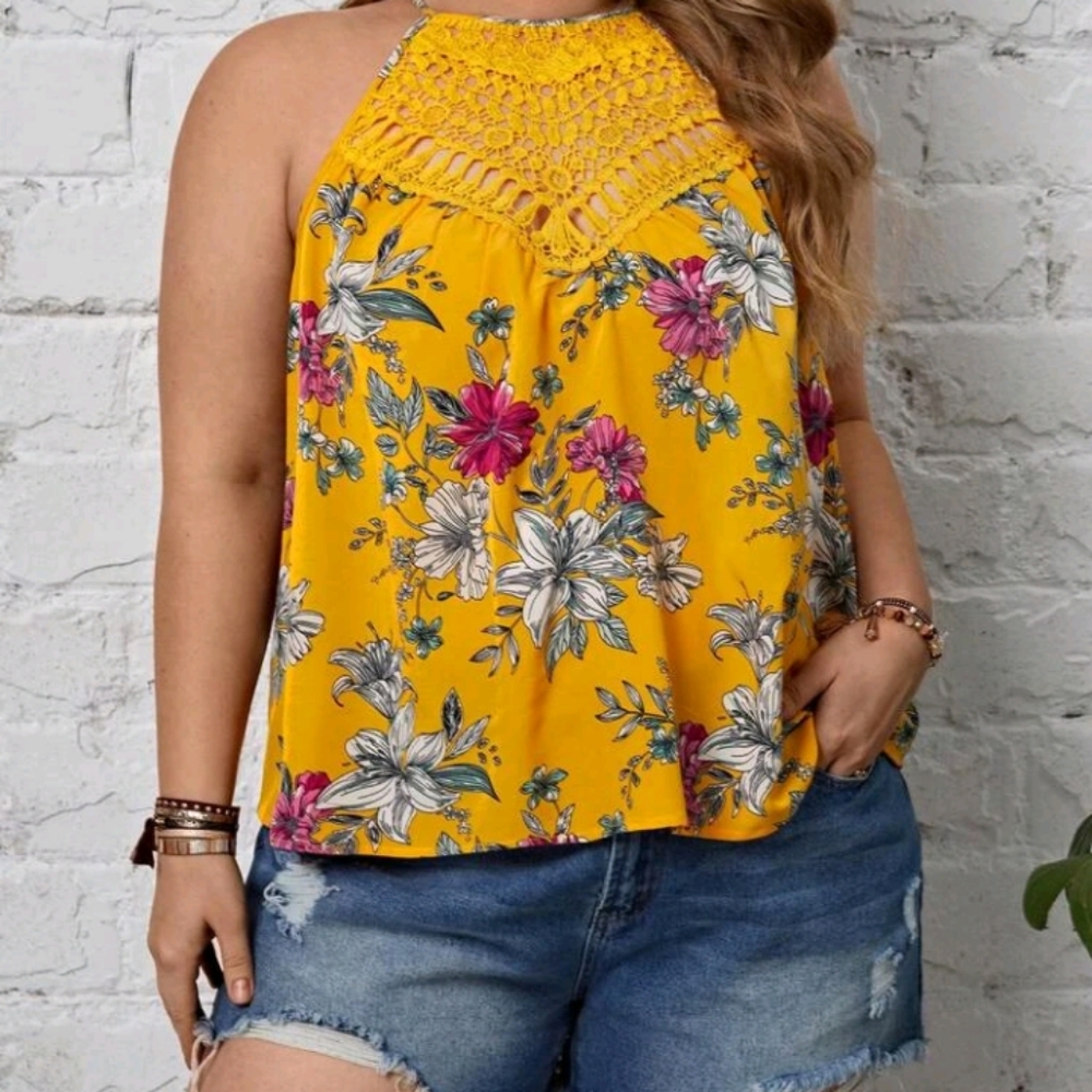 Yellow Floral Print Guipure Lace Insert Halter Top